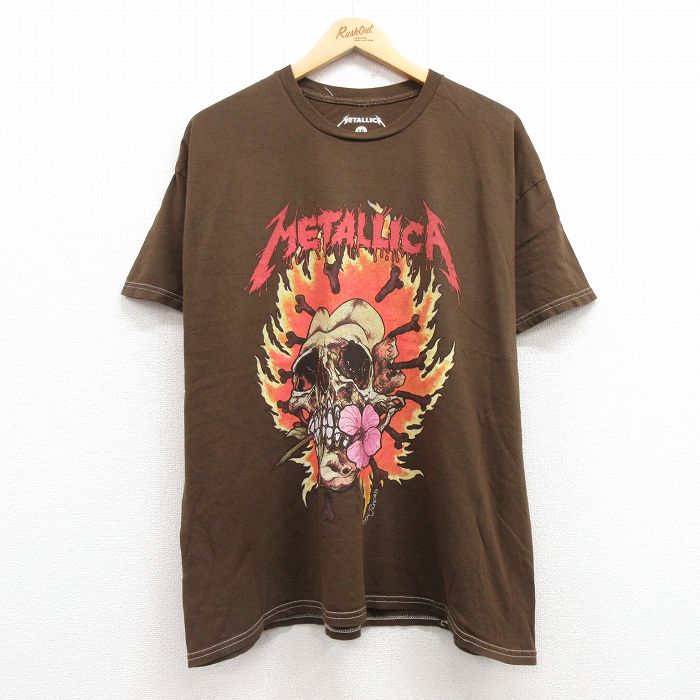 XL★古着 半袖 ロック バンド Tシャツ メンズ メタリカ パスヘッド 大きいサイズ コットン クルーネック 濃茶 ブラウン 【spe】 25apr30 中古