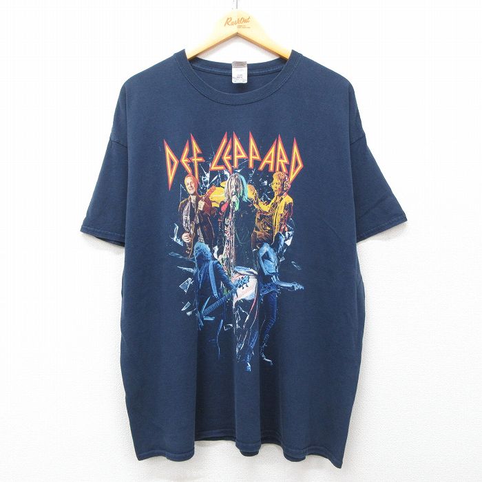 XL★古着 半袖 ロック バンド Tシャツ メンズ デフレパード 大きいサイズ コットン クルーネック 濃紺 ネイビー 25may14 中古