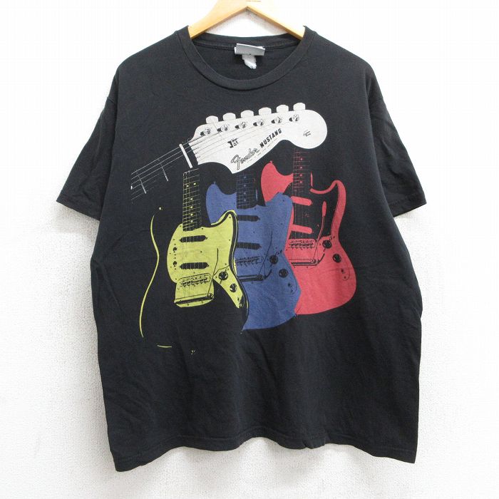 XL★古着 半袖 ロック バンド Tシャツ メンズ ギター フェンダー 大きいサイズ コットン クルーネック 黒 ブラック 25may28 中古