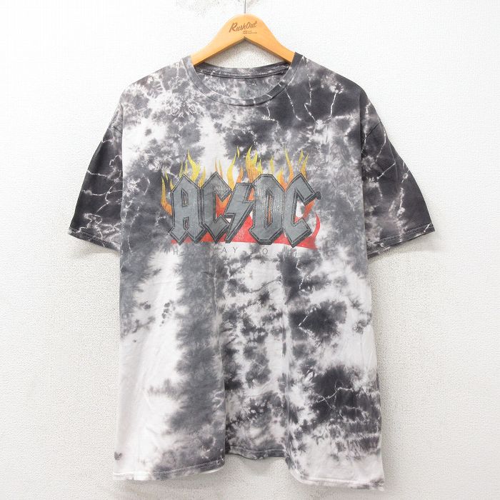 XL★古着 半袖 ロック バンド Tシャツ メンズ AC/DC 大きいサイズ クルーネック 黒 ブラック タイダイ 25may31 中古