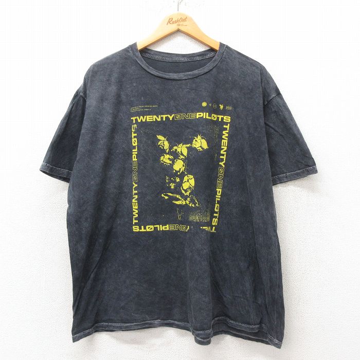 XL★古着 半袖 ロック バンド Tシャツ メンズ トゥエンティワンパイロッツ 大きいサイズ コットン クルーネック 黒 ブラック タイダイ 25may31 中古