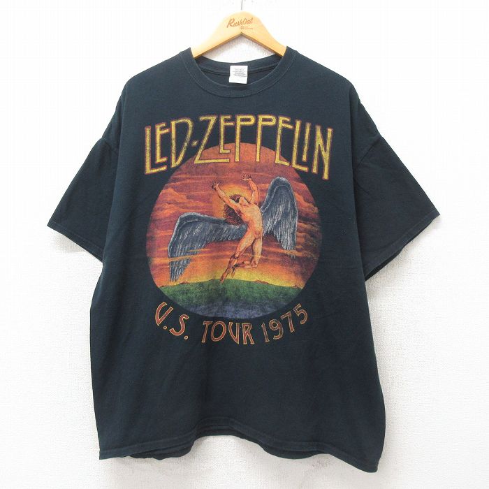 XL★古着 半袖 ロック バンド Tシャツ メンズ レッドツェッペリン 大きいサイズ コットン クルーネック 黒 ブラック 25may31 中古
