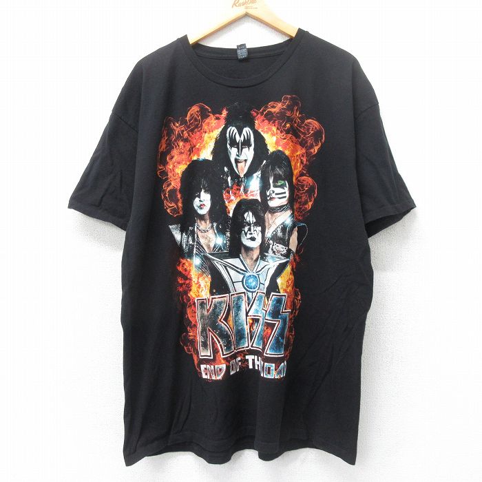 XL★古着 TULTEX 半袖 ロック バンド Tシャツ メンズ キッス 大きいサイズ ロング丈 コットン クルーネック 黒 ブラック 25jun12 中古