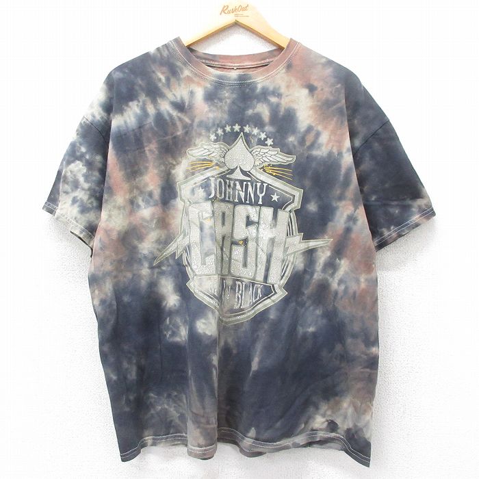 XL★古着 半袖 ロック バンド Tシャツ メンズ ジョニーキャッシュ 大きいサイズ コットン クルーネック 茶他 ブラウン タイダイ 25jun12 中古