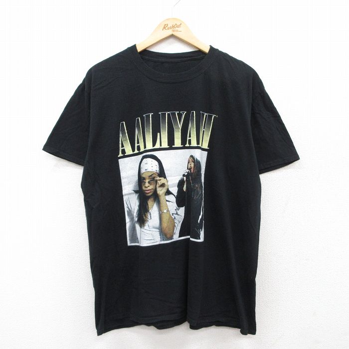 【20%OFF】XL★古着 半袖 ロック バンド Tシャツ メンズ アリーヤ クルーネック 黒 ブラック 25jun20 中古
