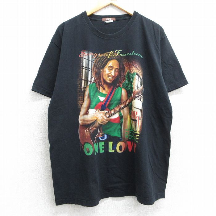 XL★古着 半袖 ロック バンド Tシャツ メンズ ボブマーリー 大きいサイズ コットン クルーネック 黒 ブラック 25jul03 中古