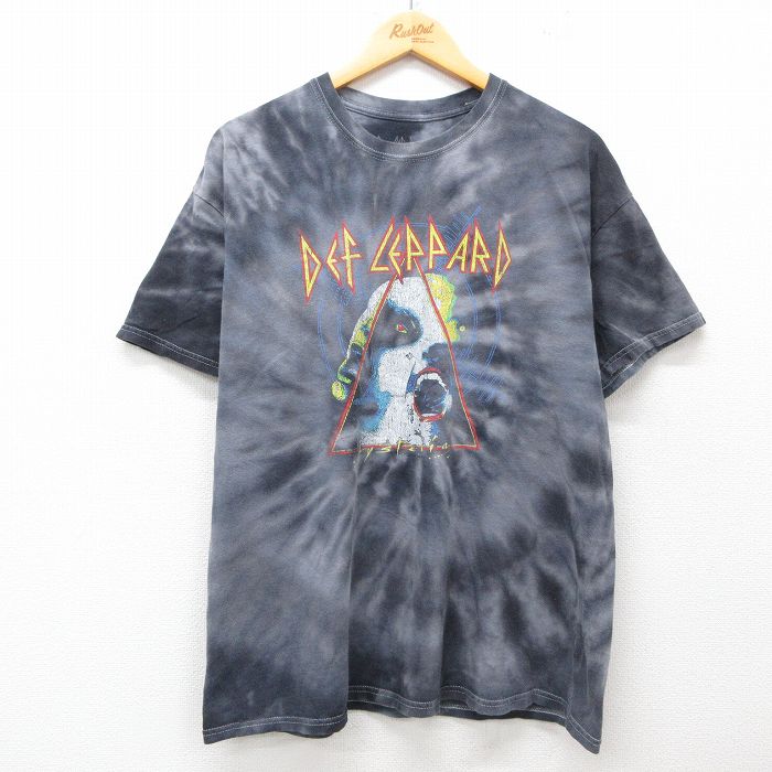 XL★古着 半袖 ロック バンド Tシャツ メンズ デフレパード 大きいサイズ コットン クルーネック 濃グレー他 タイダイ 25jul10 中古