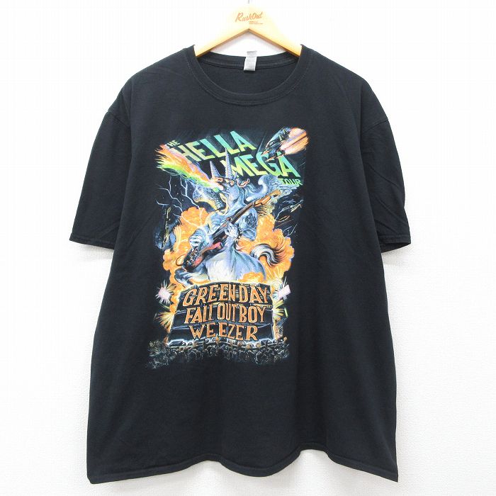 XL★古着 半袖 ロック バンド Tシャツ メンズ へラメガツアー グリーンデイ フォールアウトボーイ ウィーザー 大きいサイズ コットン クルーネック 黒 ブラック 【spe】 25jul10 中古