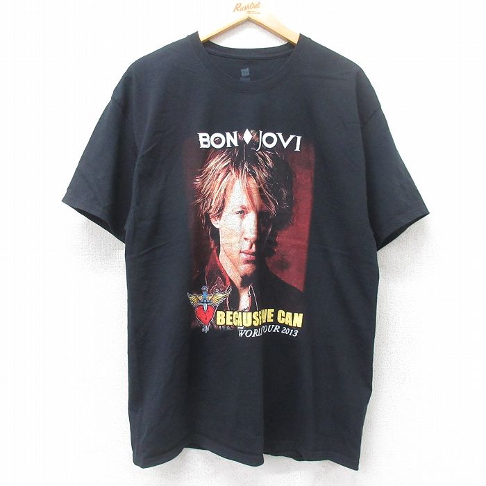 【50%OFF】XL★古着 ヘインズ Hanes 半袖 ロック バンド Tシャツ メンズ ボンジョヴィ コットン クルーネック 黒 ブラック 25jul14 中古