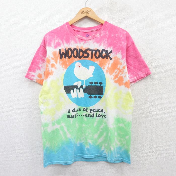 L★古着 リキッドブルー 半袖 ロック バンド Tシャツ メンズ ウッドストック コットン クルーネック ピンク他 タイダイ 【spe】 25jul14 中古