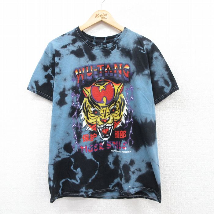 【50%OFF】L★古着 半袖 ヒップホップ ラップ Tシャツ メンズ ウータンクラン コットン クルーネック 黒他 ブラック タイダイ 25jul14 中古