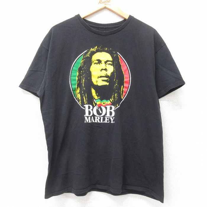 XL★古着 半袖 ロック バンド Tシャツ メンズ ボブマーリー コットン クルーネック 黒 ブラック 25jul14 中古