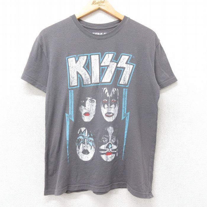 L★古着 半袖 ロック バンド Tシャツ メンズ キッス KISS コットン クルーネック 濃グレー 25jul14 中古