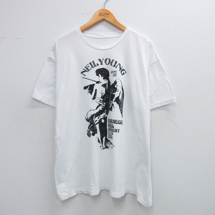 【50%OFF】XL★古着 半袖 ロック バンド Tシャツ メンズ ニールヤング 大きいサイズ コットン クルーネック 白 ホワイト 25jul16 中古