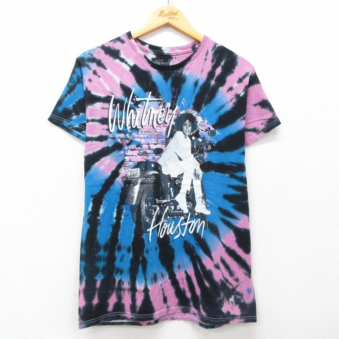 M★古着 半袖 ロック バンド Tシャツ メンズ ホイットニーヒューストン 大きいサイズ コットン クルーネック 黒他 ブラック タイダイ 25jul16 中古