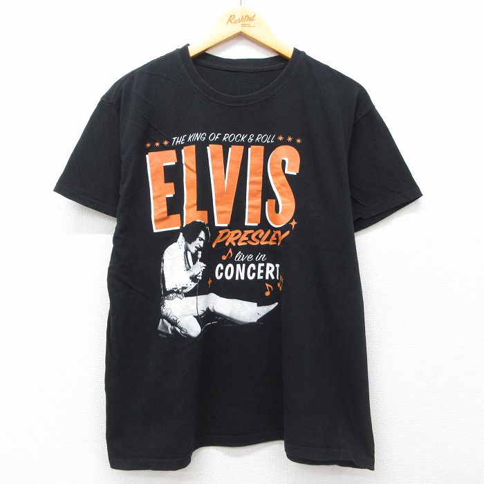 L★古着 半袖 ロック バンド Tシャツ メンズ エルヴィスプレスリー クルーネック 黒 ブラック 25jul16 中古