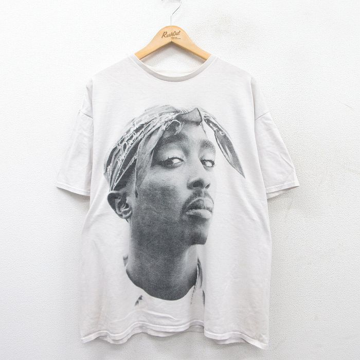 XL★古着 半袖 ヒップホップ ラップ Tシャツ メンズ トゥパック 2パック 大きいサイズ コットン クルーネック 白 ホワイト 25jul16 中古