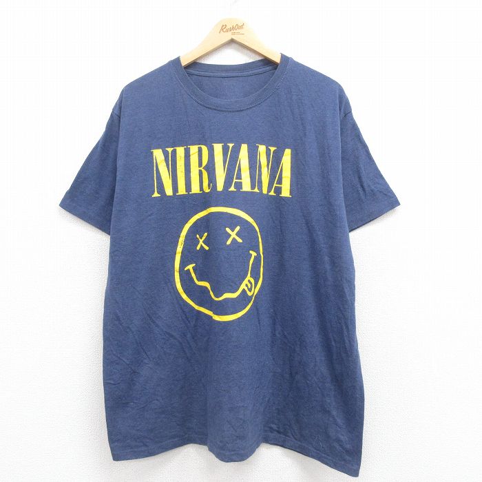 XL★古着 半袖 ロック バンド Tシャツ メンズ ニルバーナ ニルヴァーナ 大きいサイズ クルーネック 紺 ネイビー 霜降り 25aug01 中古