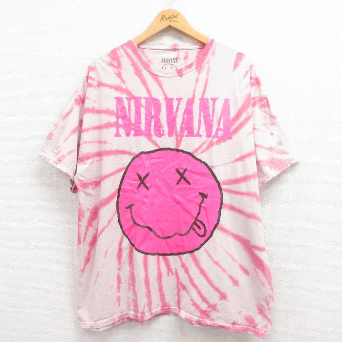 XL★古着 半袖 ロック バンド Tシャツ メンズ ニルバーナ ニルヴァーナ 大きいサイズ コットン クルーネック ピンク タイダイ 【spe】 25aug01 中古