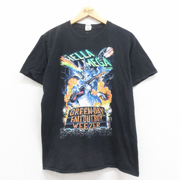 L★古着 半袖 ロック バンド Tシャツ メンズ ザヘラメガツアー グリーンデイ フォールアウトボーイ ウィーザー コットン クルーネック 黒 ブラック 【spe】 25aug04 中古