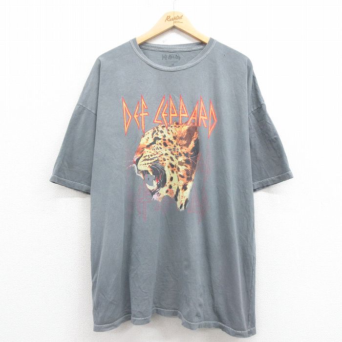 XL★古着 半袖 ロック バンド Tシャツ メンズ デフレパード 大きいサイズ コットン クルーネック グレー 25aug04 中古