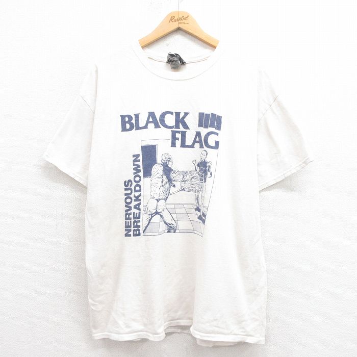 XL★古着 半袖 ロック バンド Tシャツ メンズ ブラックフラッグ 大きいサイズ コットン クルーネック 白 ホワイト 25aug04 中古