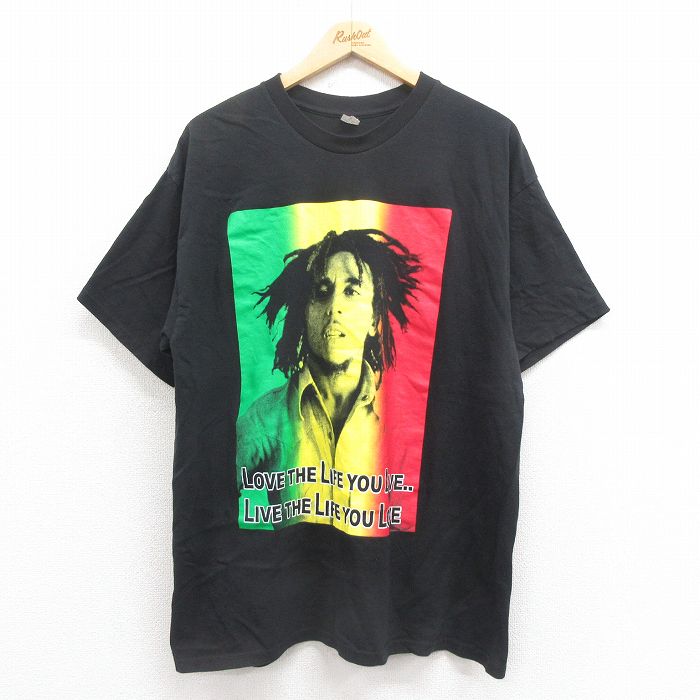 【20%OFF】XL★古着 半袖 ロック バンド Tシャツ メンズ ボブマーリー コットン クルーネック 黒 ブラック 25aug05 中古