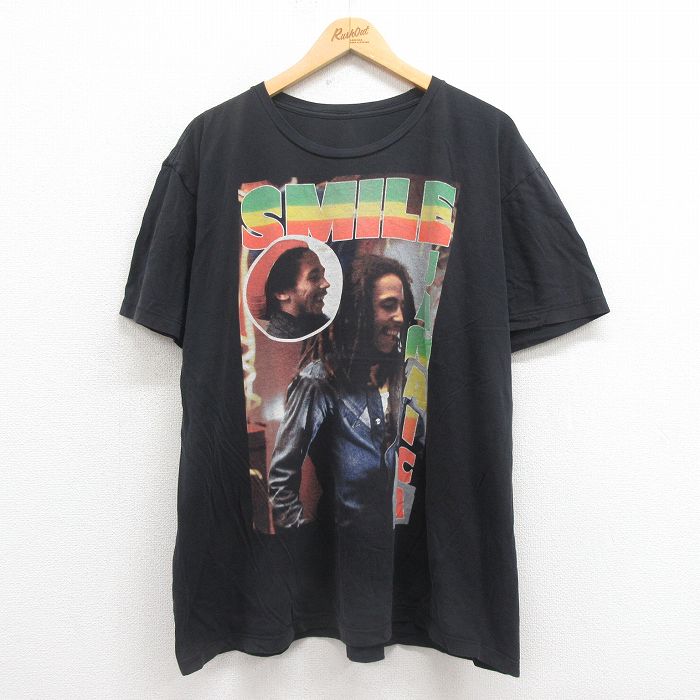XL★古着 半袖 ロック バンド Tシャツ メンズ ボブマーリー 大きいサイズ クルーネック 黒 ブラック 25aug05 中古