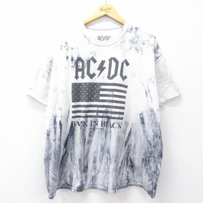 XL★古着 半袖 ロック バンド Tシャツ メンズ AC/DC 大きいサイズ コットン クルーネック 白他 ホワイト タイダイ 25aug07 中古