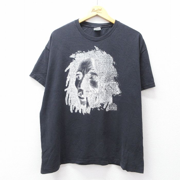 XL★古着 半袖 ロック バンド Tシャツ メンズ ボブマーリー コットン クルーネック 黒 ブラック 25aug07 中古