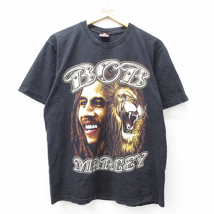 【50%OFF】L★古着 半袖 ロック バンド Tシャツ メンズ ボブマーリー コットン クルーネック 黒 ブラック 25aug07 中古