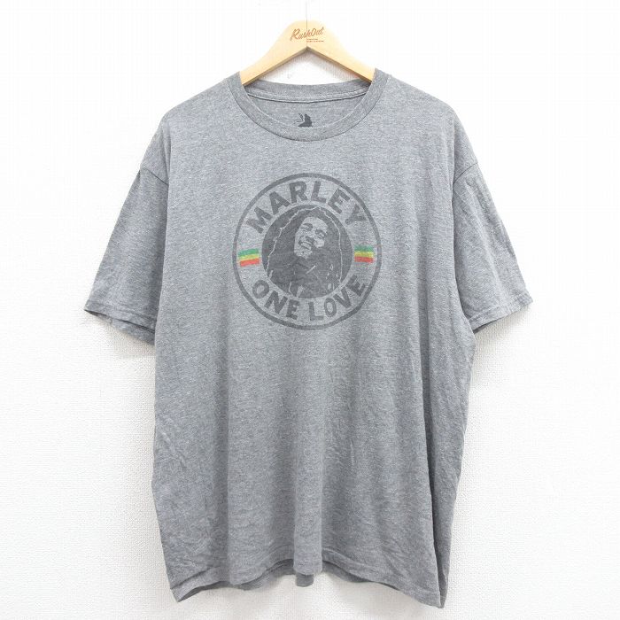 XL★古着 半袖 ロック バンド Tシャツ メンズ ボブマーリー 大きいサイズ クルーネック グレー 霜降り 25aug18 中古
