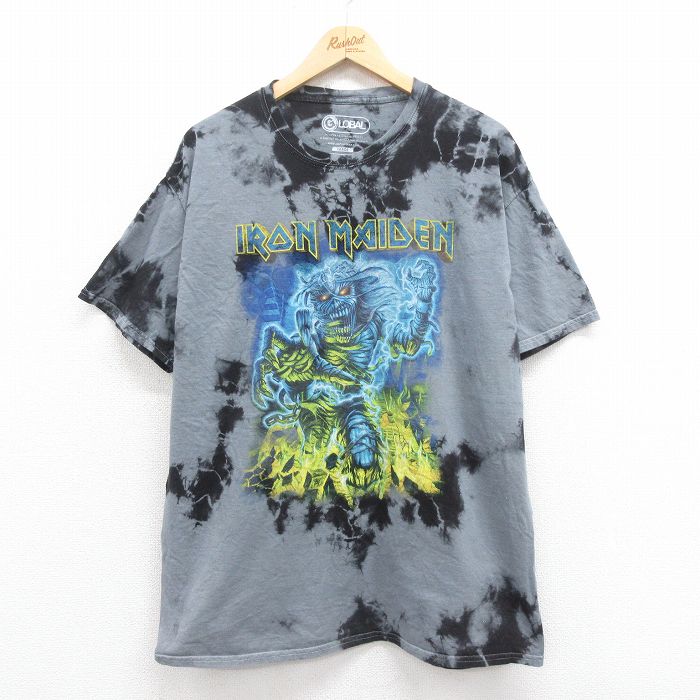 XL★古着 半袖 ロック バンド Tシャツ メンズ アイアンメイデン コットン クルーネック グレー タイダイ 【spe】 25aug19 中古