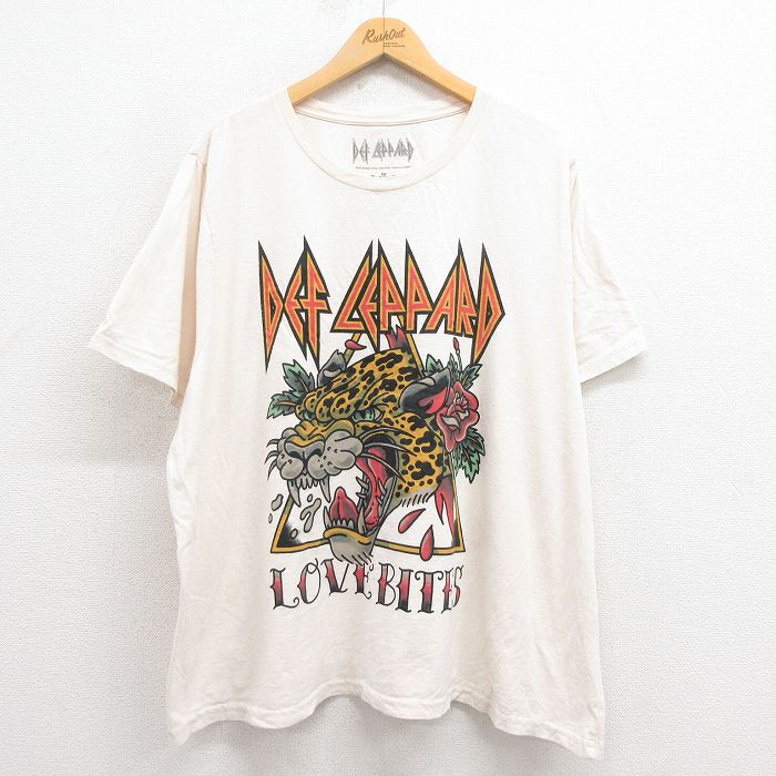 XL★古着 半袖 ロック バンド Tシャツ メンズ デフレパード 大きいサイズ コットン クルーネック 薄ベージュ カーキ 25aug21 中古