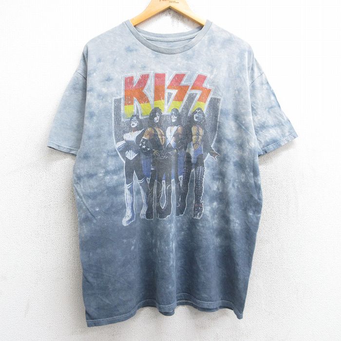 XL★古着 半袖 ロック バンド Tシャツ メンズ キッス KISS クルーネック グレー他 タイダイ 25aug28 中古