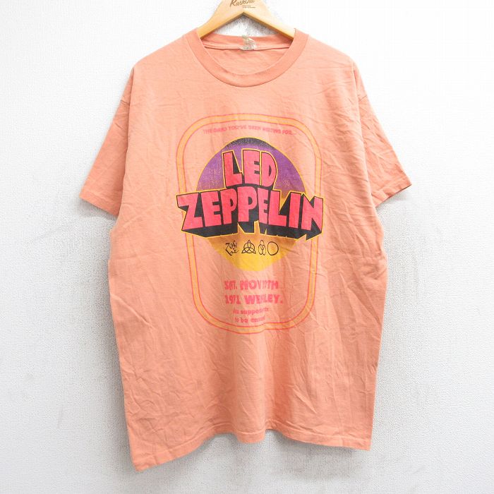XL★古着 半袖 ロック バンド Tシャツ メンズ レッドツェッペリン 大きいサイズ クルーネック オレンジ 25aug28 中古