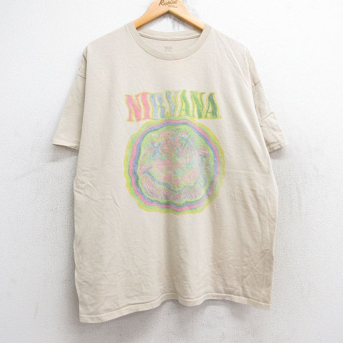 XL★古着 半袖 ロック バンド Tシャツ メンズ ニルバーナ ニルヴァーナ コットン クルーネック ベージュ カーキ 25aug28 中古