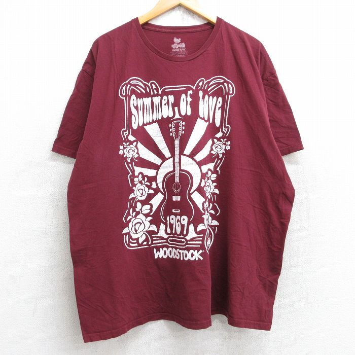XL★古着 半袖 ロック バンド Tシャツ メンズ ウッドストック フェス 大きいサイズ コットン クルーネック エンジ 25aug29 中古