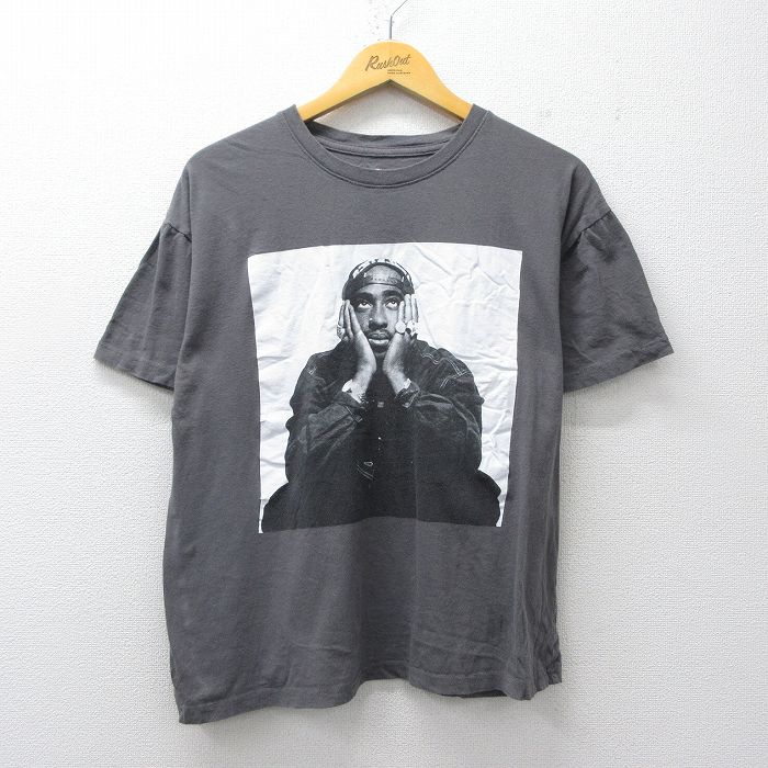 L★古着 半袖 ヒップホップ ラップ Tシャツ メンズ トゥパック 2パック 2PAC コットン クルーネック グレー 26mar09