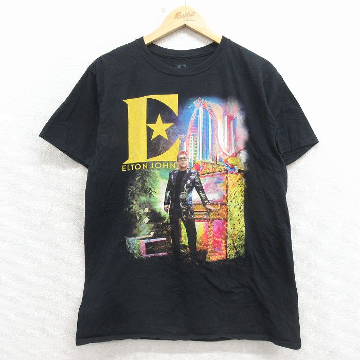 L★古着 半袖 ロック バンド Tシャツ メンズ エルトンジョン コットン クルーネック 黒 26mar13