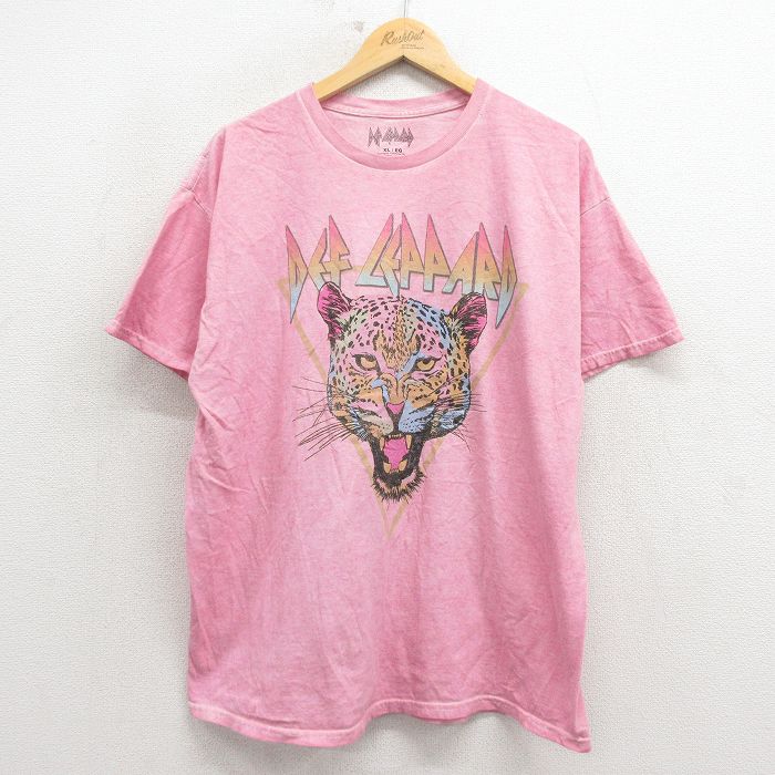 XL★古着 半袖 ロック バンド Tシャツ メンズ デフレパード コットン クルーネック ピンク 26mar13
