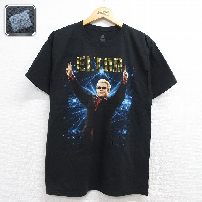 ヘインズ 半袖Tシャツ エルトンジョンプリント ブラック メンズM相当 | 古着