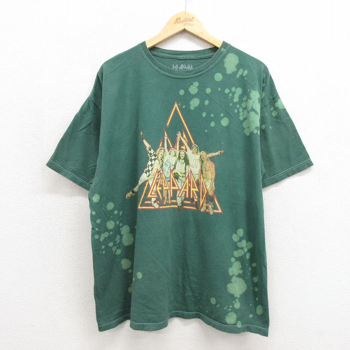 デフレパード 半袖ロックバンドTシャツ ブリーチ加工 グリーン メンズXL相当 | 古着