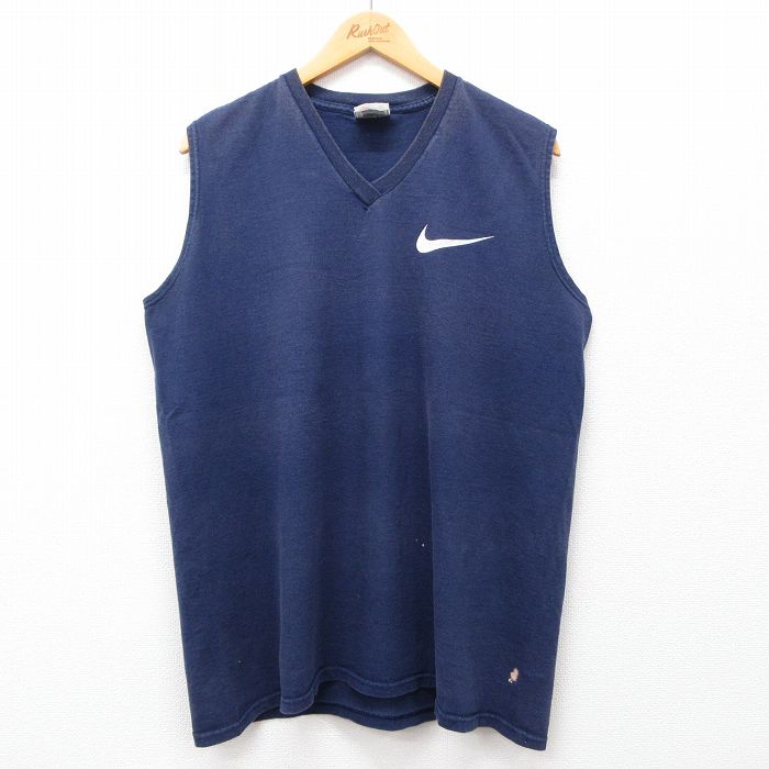 XL★古着 ナイキ NIKE ノースリーブ ビンテージ Tシャツ メンズ 90年代 90s ビッグロゴ コットン Vネック USA製 紺 ネイビー 【spe】 24jun22 中古