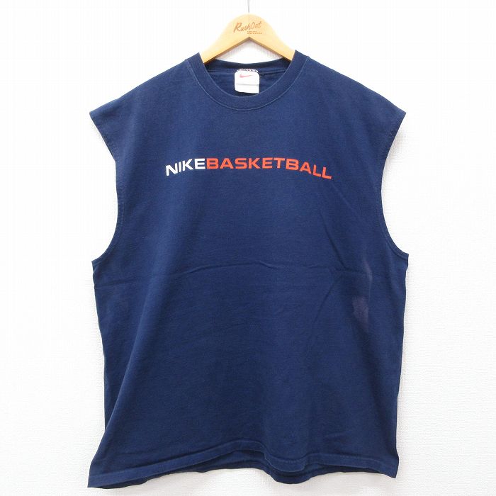 XL★古着 ナイキ NIKE ノースリーブ ビンテージ Tシャツ メンズ 90年代 90s バスケットボール ワンポイントロゴ 大きいサイズ コットン クルーネック USA製 紺 ネイビー 【spe】 24jun22 中古