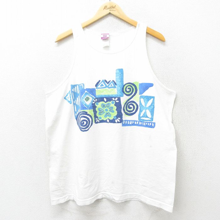 XL★古着 ビンテージ タンクトップ メンズ 90年代 90s 花柄 大きいサイズ コットン クルーネック USA製 白 ホワイト 24jul02 中古