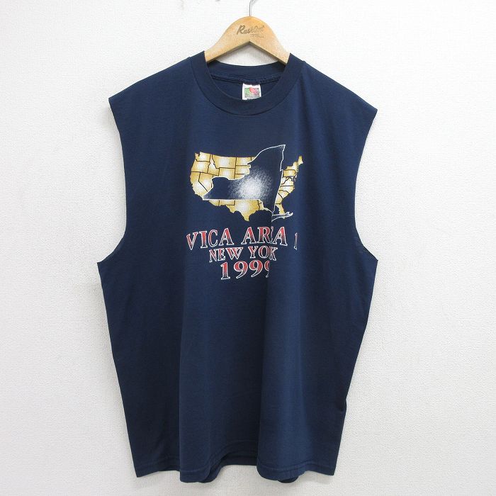 XL★古着 フルーツオブザルーム ノースリーブ ビンテージ Tシャツ メンズ 90年代 90s 地図 ニューヨーク 大きいサイズ クルーネック 紺 ネイビー 24jun28 中古
