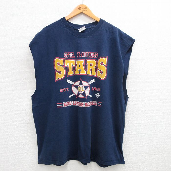 XL★古着 ヘインズ Hanes ビンテージ ノースリーブ Tシャツ メンズ 00年代 00s 野球 セントルイススターズ 大きいサイズ コットン クルーネック 紺 ネイビー 24jul03 中古