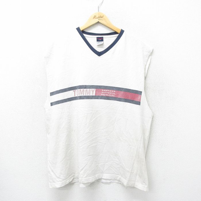 【50%OFF】XL★古着 トミーヒルフィガー TOMMY HILFIGER トミージーンズ ノースリーブ ブランド ビンテージ Tシャツ メンズ 90年代 90s ビッグロゴ コットン Vネック USA製 白他 ホワイト 24jul04 中古