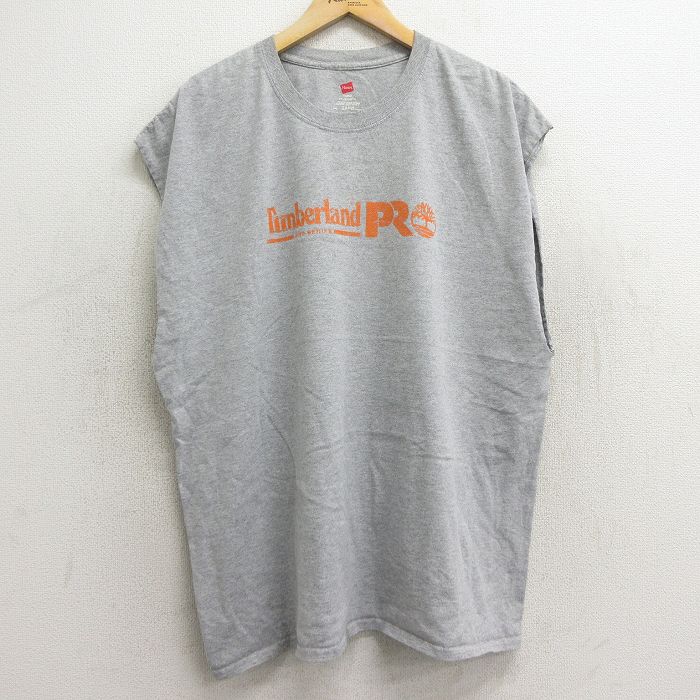 【50%OFF】XL★古着 ヘインズ Hanes ノースリーブ Tシャツ メンズ ティンバーランド 大きいサイズ クルーネック グレー 霜降り 24jul15 中古